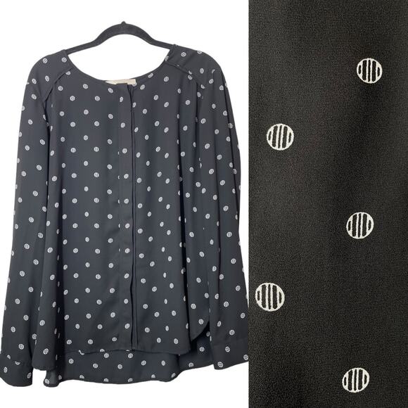 LOFT Geometric Print Blouse Large Long Sleeve Black White Button Front Circle - Picture 1 of 7